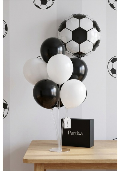 Futbol Topu Balon Stand Seti Şeffaf 7 Li Stand + Futbol Topu Folyo Balon 10 + 7 Lateks Balon Siyah-beyaz