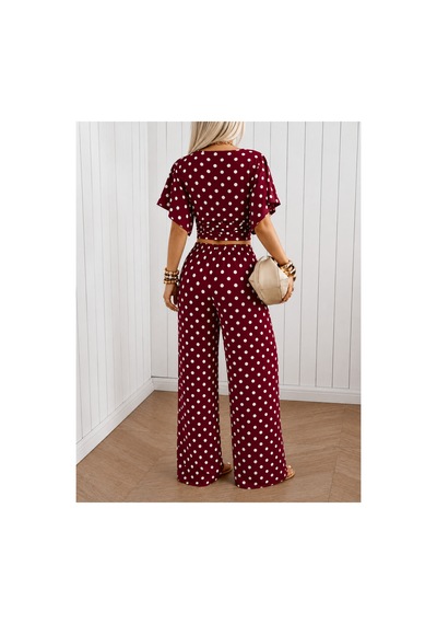 Wild Flower Kadın Puantiyeli İkili Takım Crop Bluz Bol Paça Pantolon Bordo