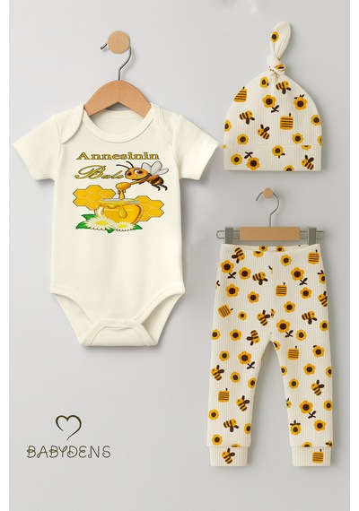 Babyden's 3 Lü Yenidoğan Takım, Annesinin Balı Baskılı Kısa Kol Body Arı Çiçek Desenli Pantolon Bere Ekru