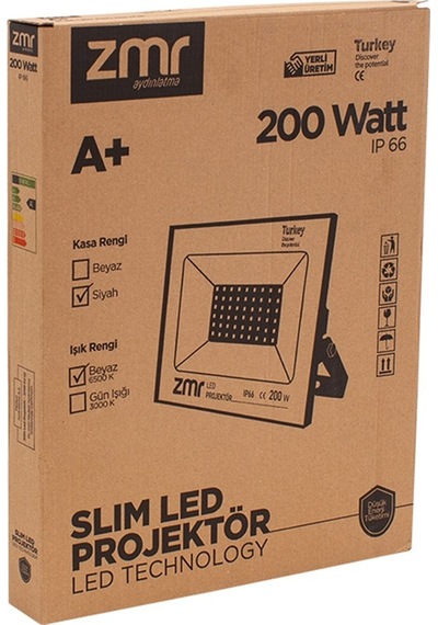 Zmr 200 Watt - 220 Volt Beyaz 6500k Ip66 150 Işık Açısı Siyah Slim Kasa Led Projektör-37096