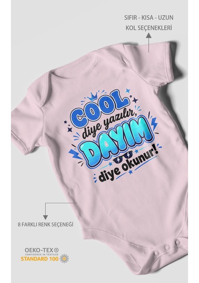 Morivokids Cool Diye Yazılır Dayım Diye Okunur Kısa Kollu Bebek Body %100 Pamuk Bebe Pembe