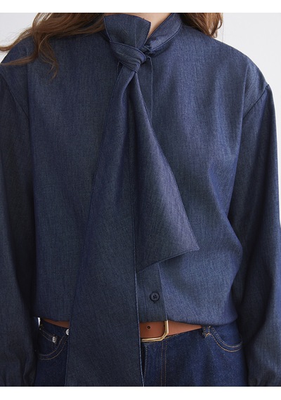 Lcw Modest İndigo Bağlamalı Yaka Kadın Jean Gömlek