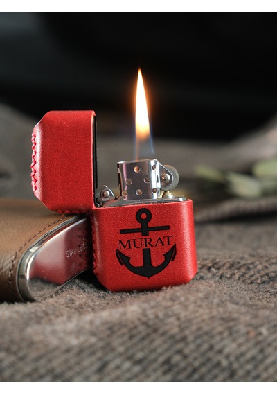 Vagave Kırmızı Renk Hakiki Deri El Yapımı Zippo Benzinli Çakmak