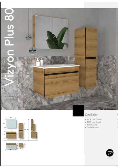 Evros Vizyon Plus 80 Cm Banyo Dolabı Boy Dolabı Dahil Meşe