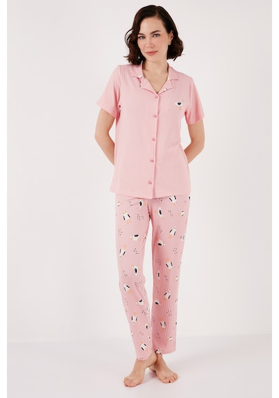 Lela Regular Fit Gömlek Yaka Kısa Kollu Bayan Pijama Takımı 65740102 Pembe