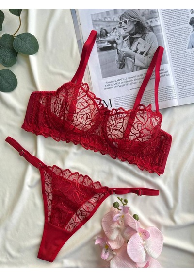 Noateks Kırmızı Yaprak Desenli Transparan Tül Ve Dantel Detaylı Bralet Takım Kırmızı