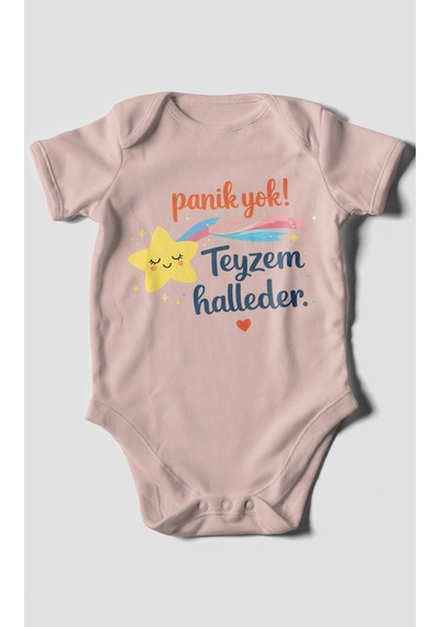 Morivokids Panik Yok Teyzem Halleder Kısa Kollu Bebek Body %100 Pamuk Pastel Pembe