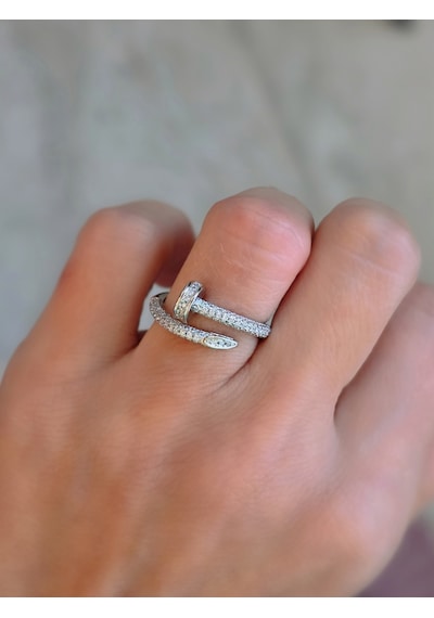 Ayarlanabilir Çivi Model Zirkon Taşlı Silver Renk Çelik Yüzük Gümüş