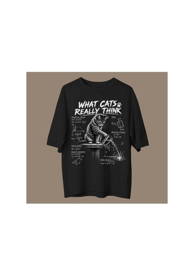 Qmen Style Unisex Siyah Oversize Baskılı T-shirt Uzman Kedi R %100 Pamuk