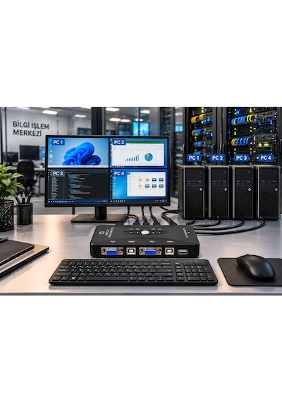 4 Port Usb Kvm Switch 4 Pc Tek Monitör Klavye Mouse Paylaştırıcı Vga Bağlantılı Usb 2.0 Bilgisayar Kontrol Cihazı