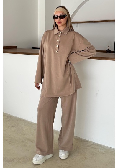 Olcay Gömlek Yaka Premium Örme Kumaş Tunik Pantolon Takım Kamel 9374-tk