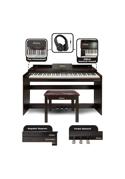 Midex PLX-140 PRO-SR Dijital Piyano Bluetooth Tuş Hassasiyeti 88 Tuşlu Kapaklı + Kulaklık + Tabure)