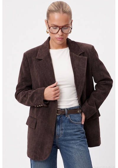 Ritnice Kadın Jonas Astarlı Cepli Kahverengi Lux Oversize Blazer Ceket