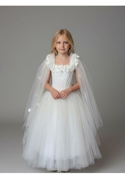 Zekids Kız Çocuk Kol Detaylı Prenses Model Abiye Elbise-17245 Beyaz