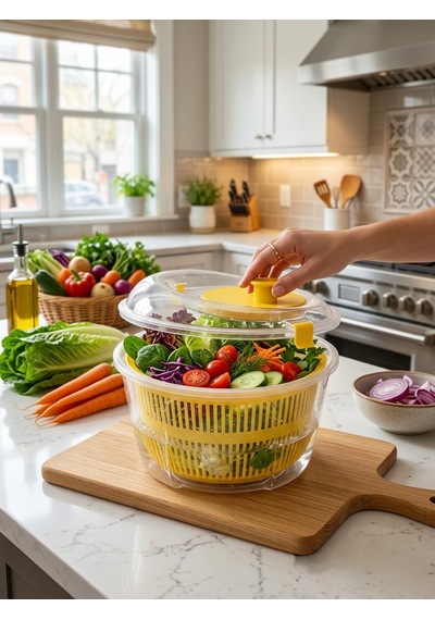 House & More 4.4 Litre Büyük Boy Sebze Meyve Kurutucu Süzgeçli Salata Dönencesi 3 Renk Sarı