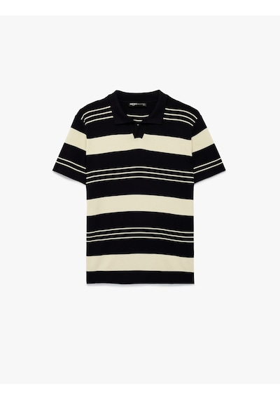 Koton Regular Fit Polo Yaka Çizgili Kısa Kollu Triko Tişört Ekru Çizgili 6sam70045ht