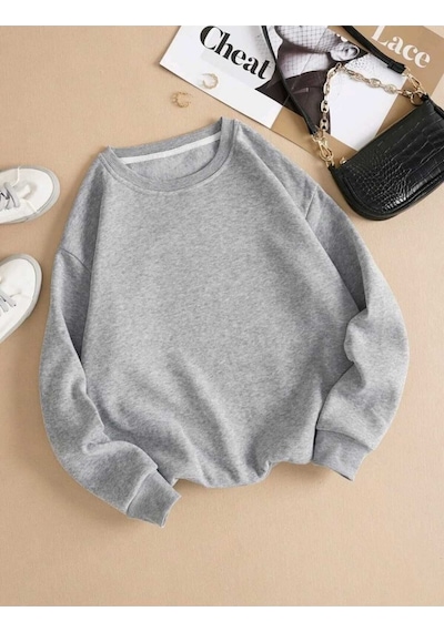 Baskısız Düz Sweatshirt - Gri Kalın Kışlık Şardonlu Uzun Kol Oversize Bisiklet Yaka Gri
