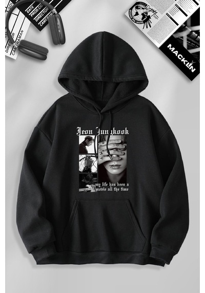 Macklin Unisex Kadın Erkek Jeon Jungkook Bts Özel Tasarım Baskılı Kapşonlu Sweatshirt Siyah Mck1104 Siyah