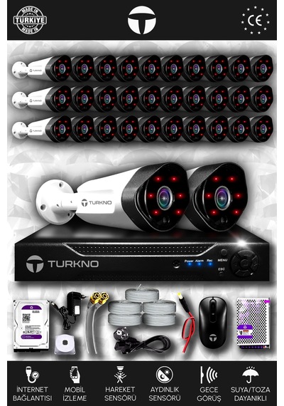 Turkno 32 Kameralı Galia 32 Dış Kamera Set 2 TB HDD Full HD Gece Görüşlü Güvenlik Kamerası Sistemi