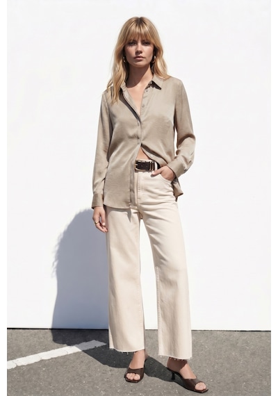 Sateen Gizli Patlı Gömlek - Bej-137598