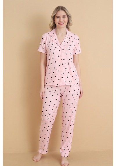 Wordex Mirano 9514 Kalpli Pembe Pegasus Kumaş Düğmeli Kısa Kolu Kadın Pijama Takımı