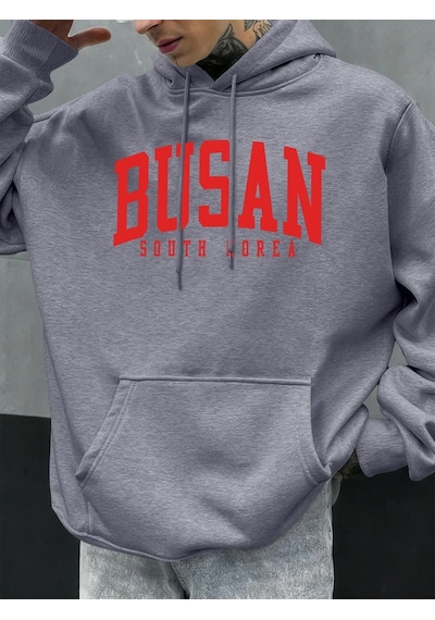 Startmore Tarzsokak Busan Güney Kore Mektup Desen Erkekler Büyük Boy Hoodie Rahat Hoody Sonbahar Moda Streetwear Gri