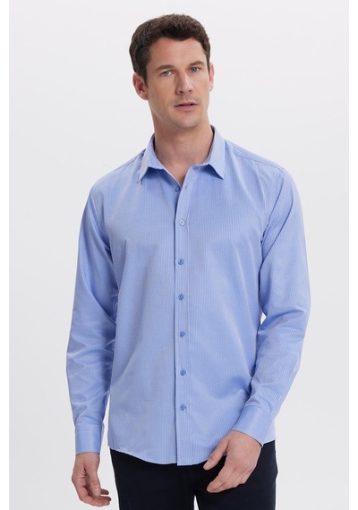 Tudors Modern Slim Fit Uzun Kollu Pamuklu Kolay Ütü Armürlü Saks Mavi Erkek Gömlek-41847 Saks