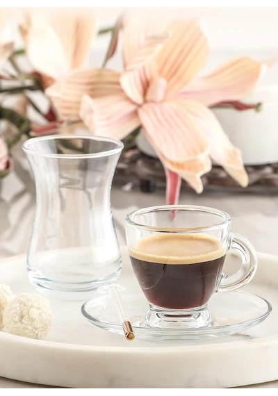 Lav Sohbet 18 Parça Set - Çay Bardağı Tabağı Kahve Fincanı Seti Takımı Şeffaf
