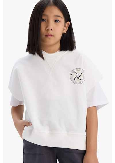 DeFacto Kız Çocuk Oversize Geniş Kalıp Bisiklet Yaka Kısa Kollu Baskılı Sweatshirt E1879A825SMER85 Ekru