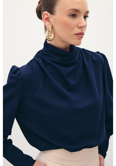 Sateen Drape Detaylı Bluz - Lacivert