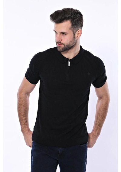 Yake Store Polo Yaka Fermuarlı Siyah Örme T-shirt Wessi - Siyah