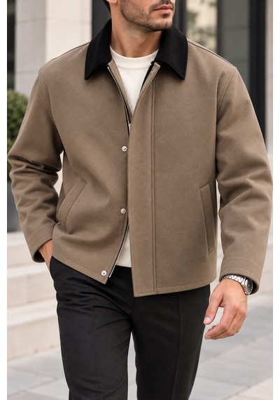 Polo State Erkek Kontrast Yaka Fermuarlı Çıtçıtlı Astarlı Ceket - Camel