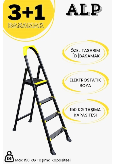 Alp Siyah 3+1 Metal Basamaklı Katlanabilir Merdiven 3+1