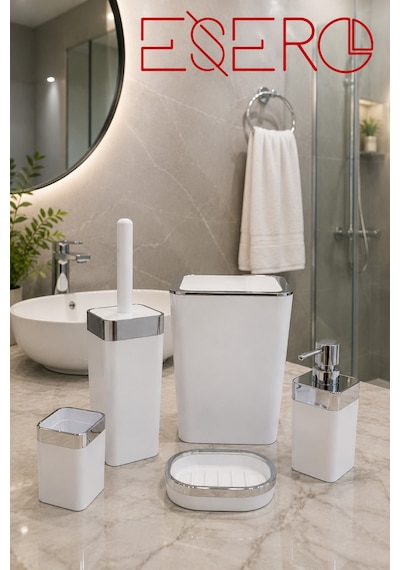 Dante 340 Krom Beyaz 5'li Lüks Banyo Aksesuar Seti Beyaz Krom Çöp Kovası Wc Fırçalık Sıvı Sabunluk Sabunluk Diş Fırçalık Modern Banyo Seti