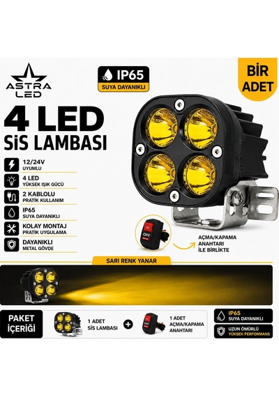 Astra Led Off Road Arazi Aracı Ve Motosiklet Uyumlu 3 İnç Amber Sarı Çalışma Ve Sis Lambası, Açma Kapama Anahtarlı