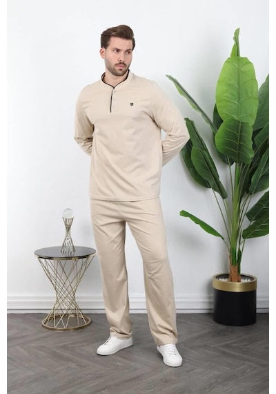 Madmext Bej Düğmeli Yaka Erkek Pijama Takımı E7333 Bej