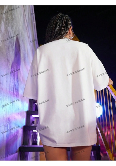 Startmore Tüy Baskılı Oversize Kalıp Unisex T-shirt Beyaz