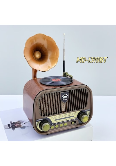 Nostaljik Gramofon Görünümlü Md-1319bt Fm Radyo Retro Ahşap Bluetooth Hoparlör