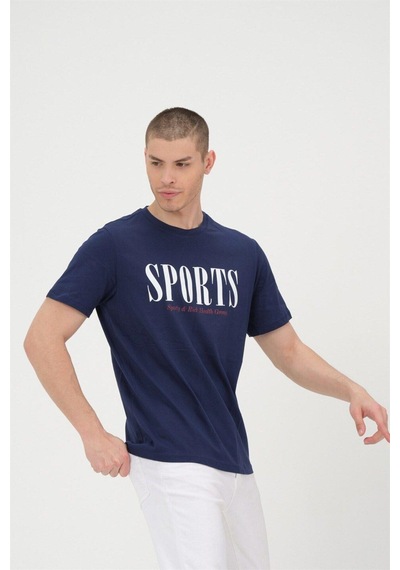 Rich Erkek Lacivet Basic T-shirt Baskılı Slim Fit %100 Pamuk Tişört Lacivert
