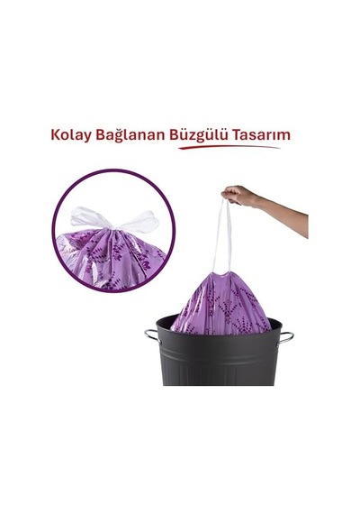 Lavanta Kokulu Orta Boy Büzgülü Çöp Poşeti 15&apos Li 55x60 Cm, Kolay Bağlanır Kokulu Büzgülü Orta Boy Çöp Torbası, Sızdırmaz, Yırtılmaz, Geri Dönüştürülebilir Atık Torba, Ekstra Güçlü Çöp Poşeti