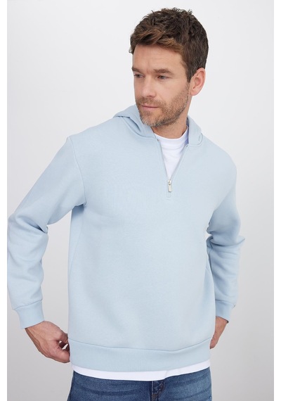 Tudors Unisex Relax Fit Rahat Kesim Pamuklu İçi Polarlı Yarım Fermuarlı Mavi Kapüşonlu Sweatshirt-37029