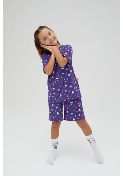 Hello Kitty Kız Çocuk Kısa Kollu Şortlu Pamuklu Pijama Takımı Renklı