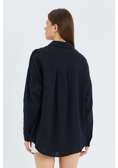 Mixray 3833 Kadın Oversize Cepli Müslin Gömlek Siyah