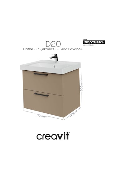 Creavit D20 65 Cm İki Çekmeceli Lavabo Dolabı Dafne Melamin Kapak Demonte Dafne
