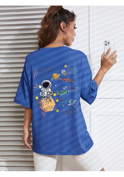 Unisex Galaksi Tasarım Basklı Tshirt Mavi