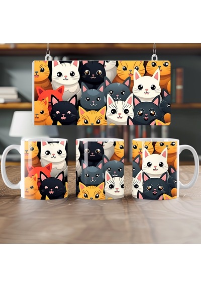 Renkli Kedi Desenli Kupa Bardak Sevimli Yüzlü Kahve Ve Çay Kupası - Hediye Beyaz