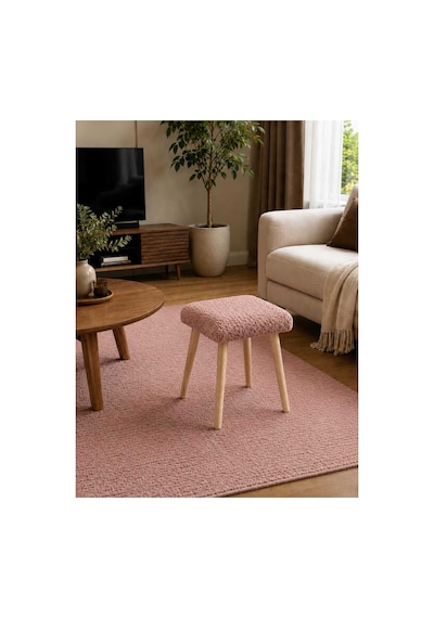 Solo Teddy Kumaş Kaplı Tabure Puf Makyaj Masası Mutfak Balkon Salon Ahşap Ayaklı Tabure Kare Gülkurusu Gülkurusu