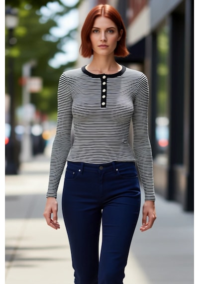 Ersefa Kadın Çizgili Bisiklet Yaka Düğmeli Slim Fit Örme Bluz Kaliteli Ş siyah