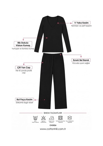 Cottonill Premium - Serene Collection Antrasit Rib Dokulu Bol Paça V Yaka Viskon Kadın Pijama Takımı