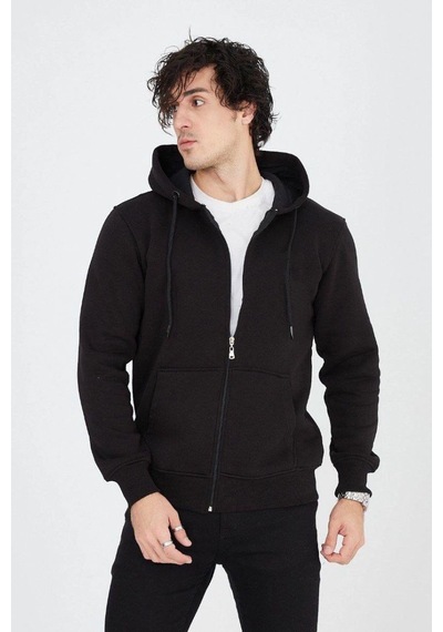 Mbb E-ticaret Erkek 3 İplik Pamuklu Fermuarlı Kapüşonlu Kanguru Cepli Hoodie Hırka Sweatshirt - Siyah